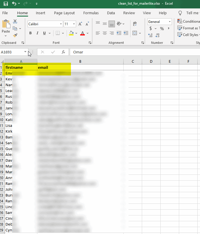 Example of a clean email list with columns
