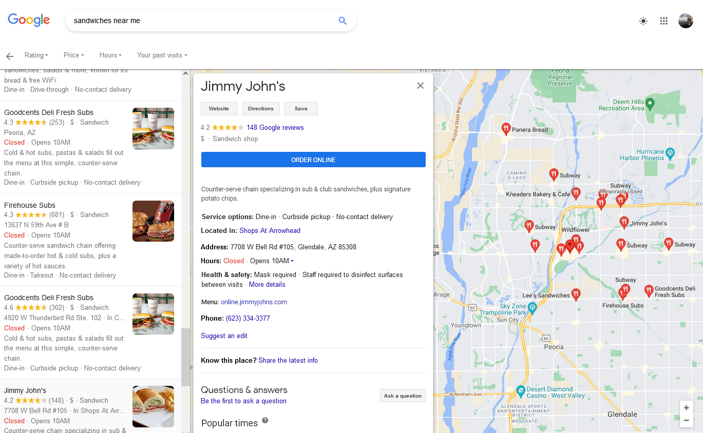 Google my business search listings example