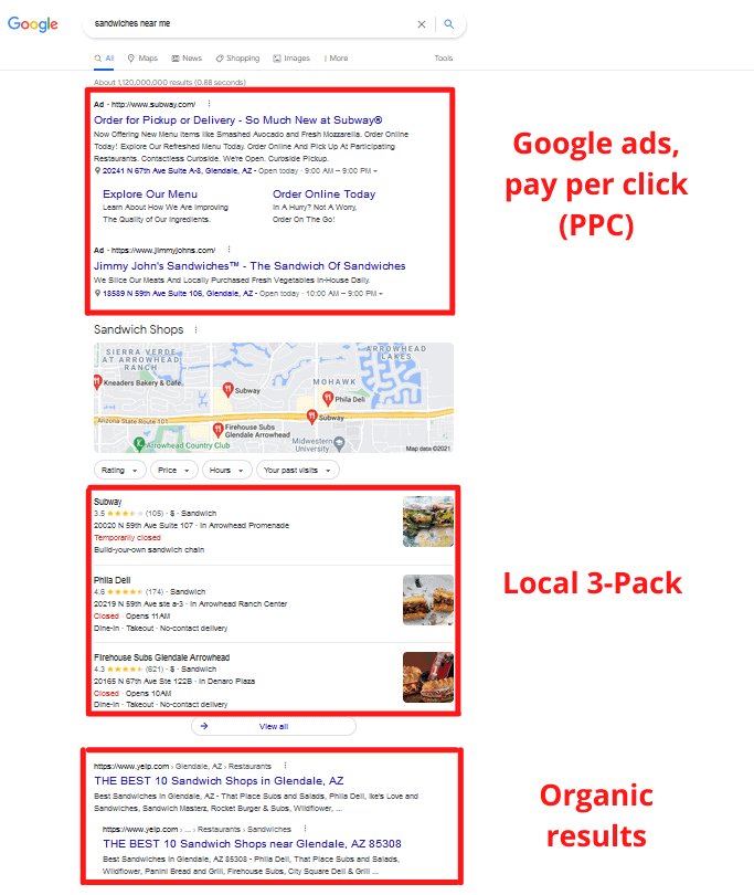 google my business and paid and local search restults example